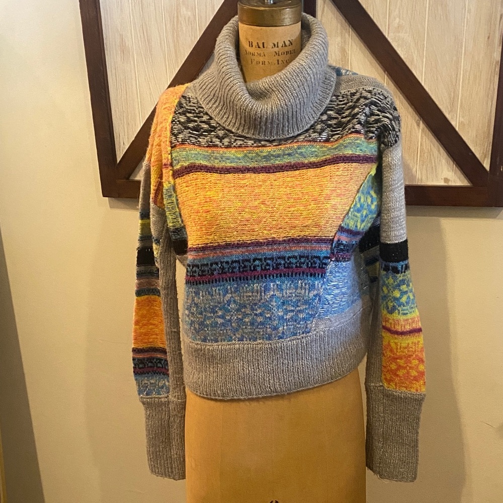 Free People Gray Turtleneck Sweater with Orange, Blue & Yellow Panels